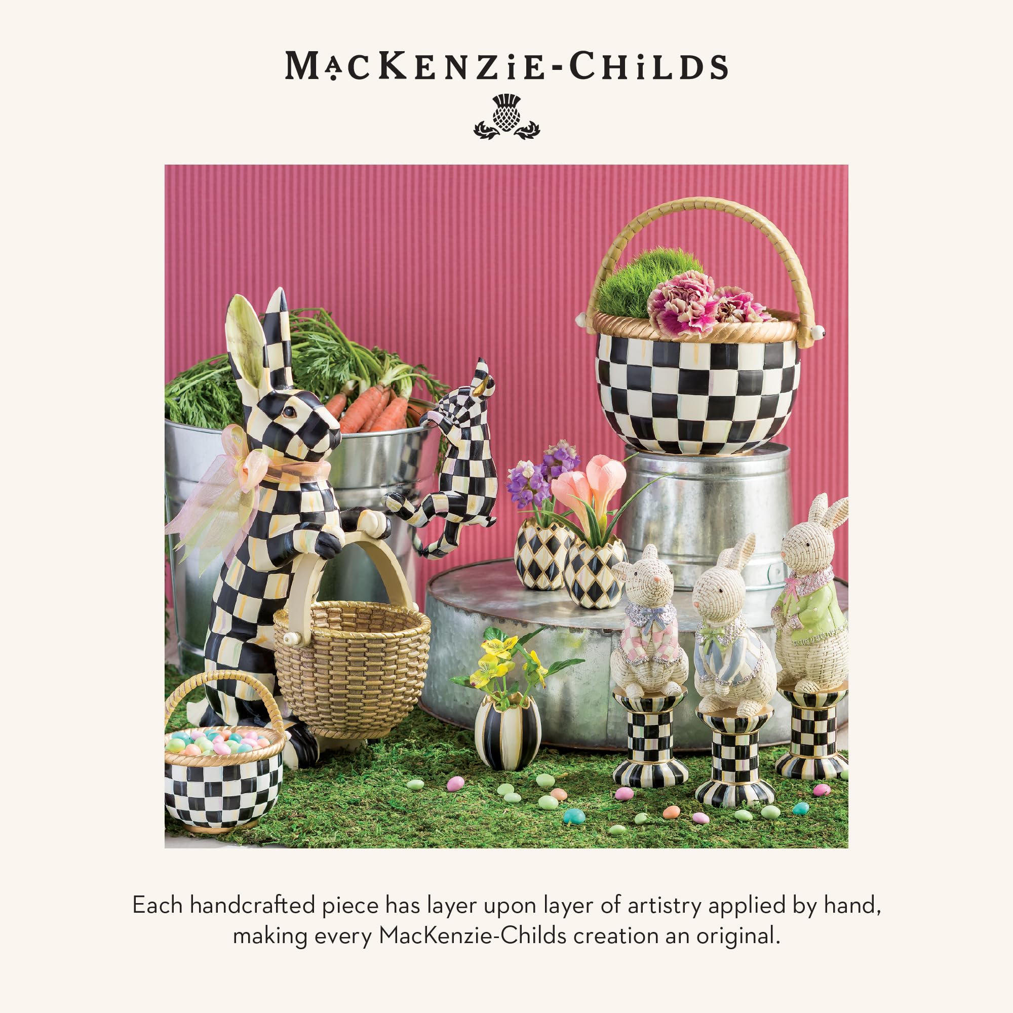 MACKENZIE-CHILDS Funny Bunny styled on patio table enhancing outdoor tabletop decor