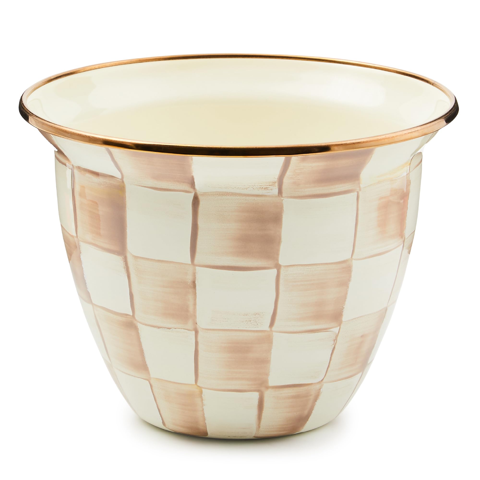 MACKENZIE-CHILDS front view of enamel flowerpot showing pattern and shape for elegant display