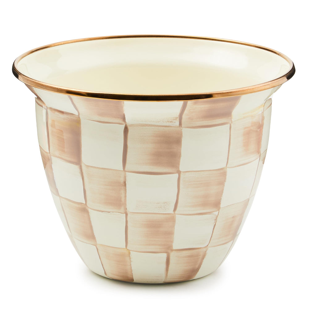 MACKENZIE-CHILDS front view of enamel flowerpot showing pattern and shape for elegant display