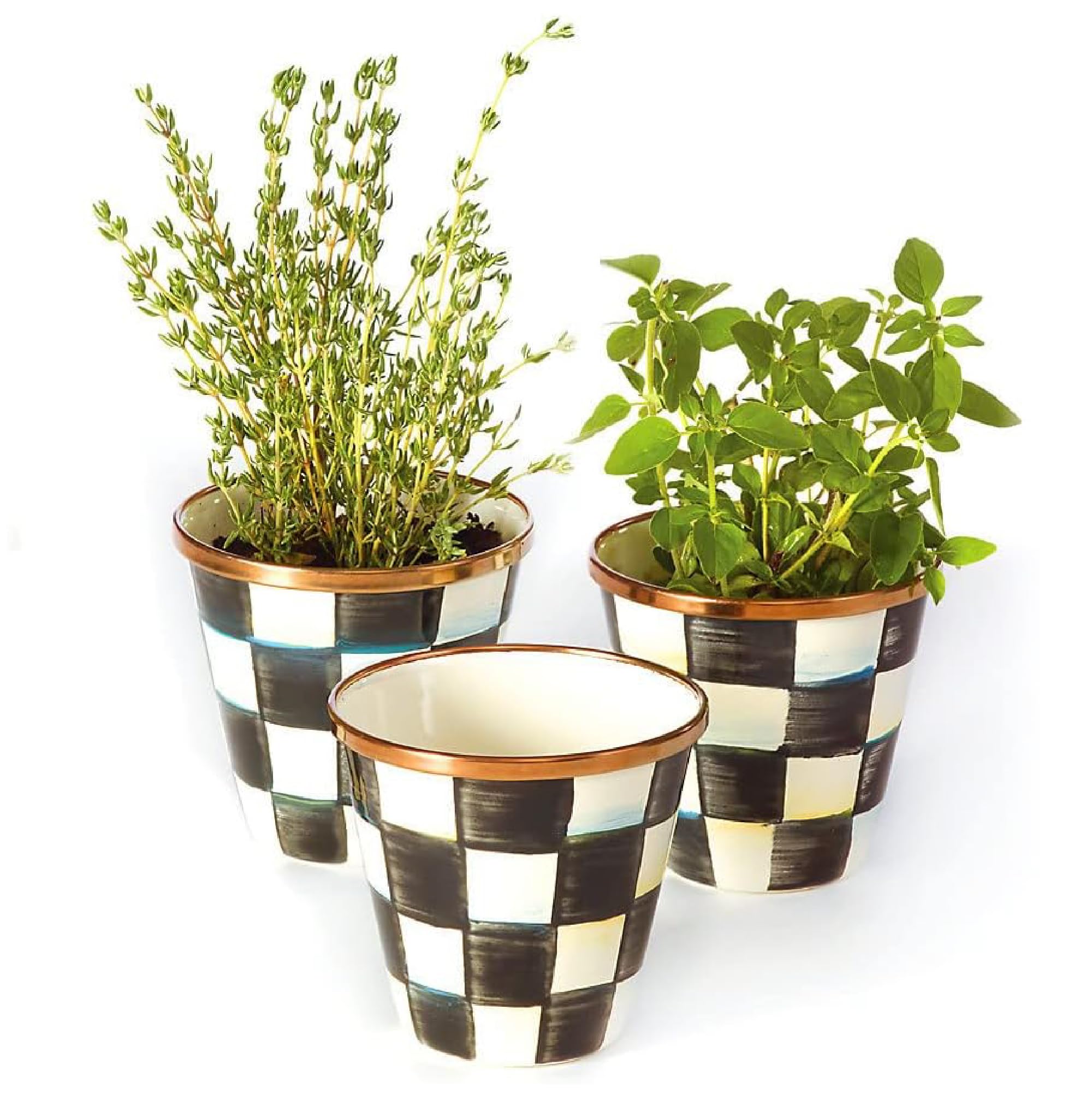 MACKENZIE-CHILDS front view of herb pots showing pattern and placement benefit