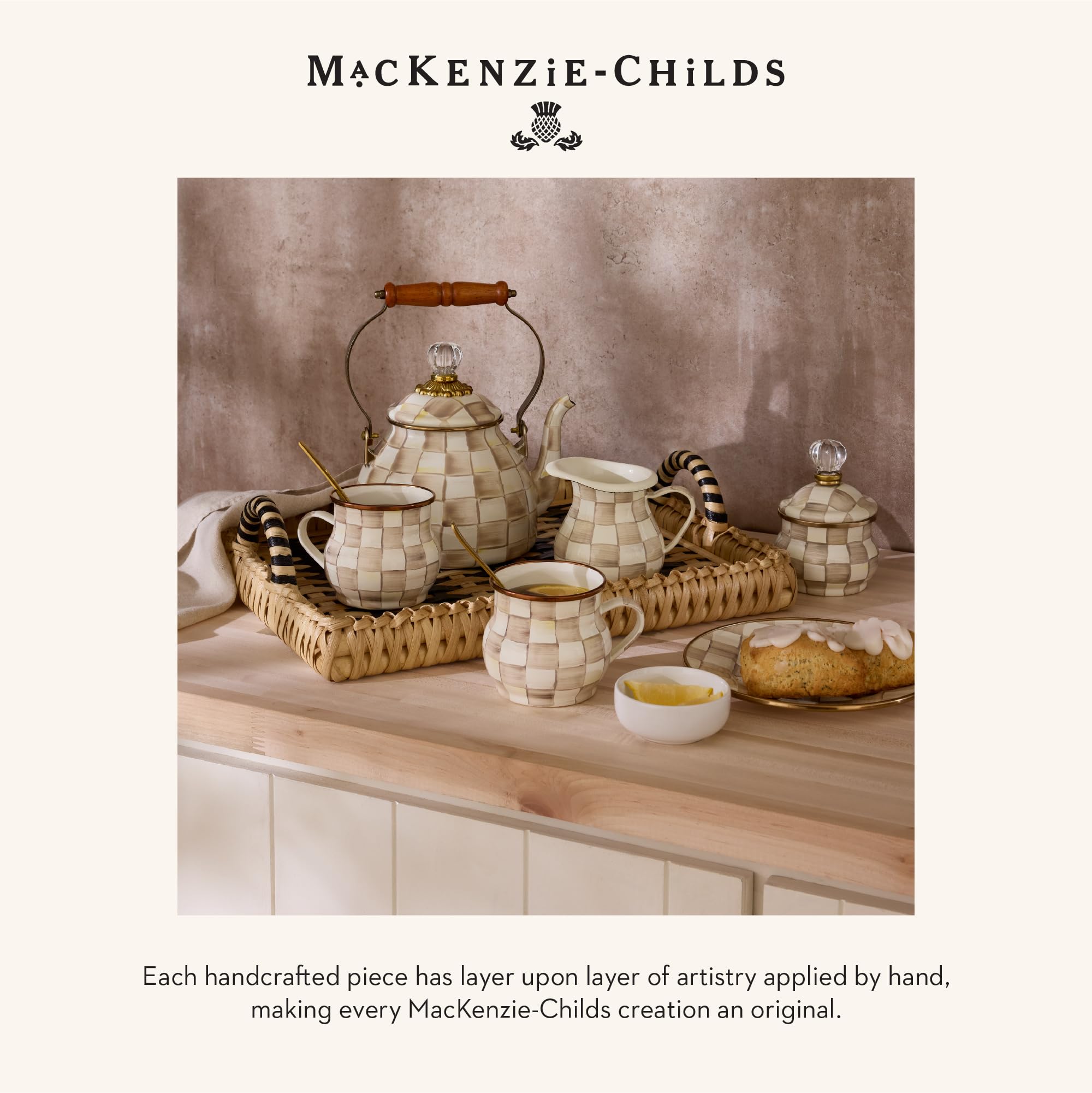 MACKENZIE-CHILDS grouped planters on table creating coordinated decor and gifting appeal