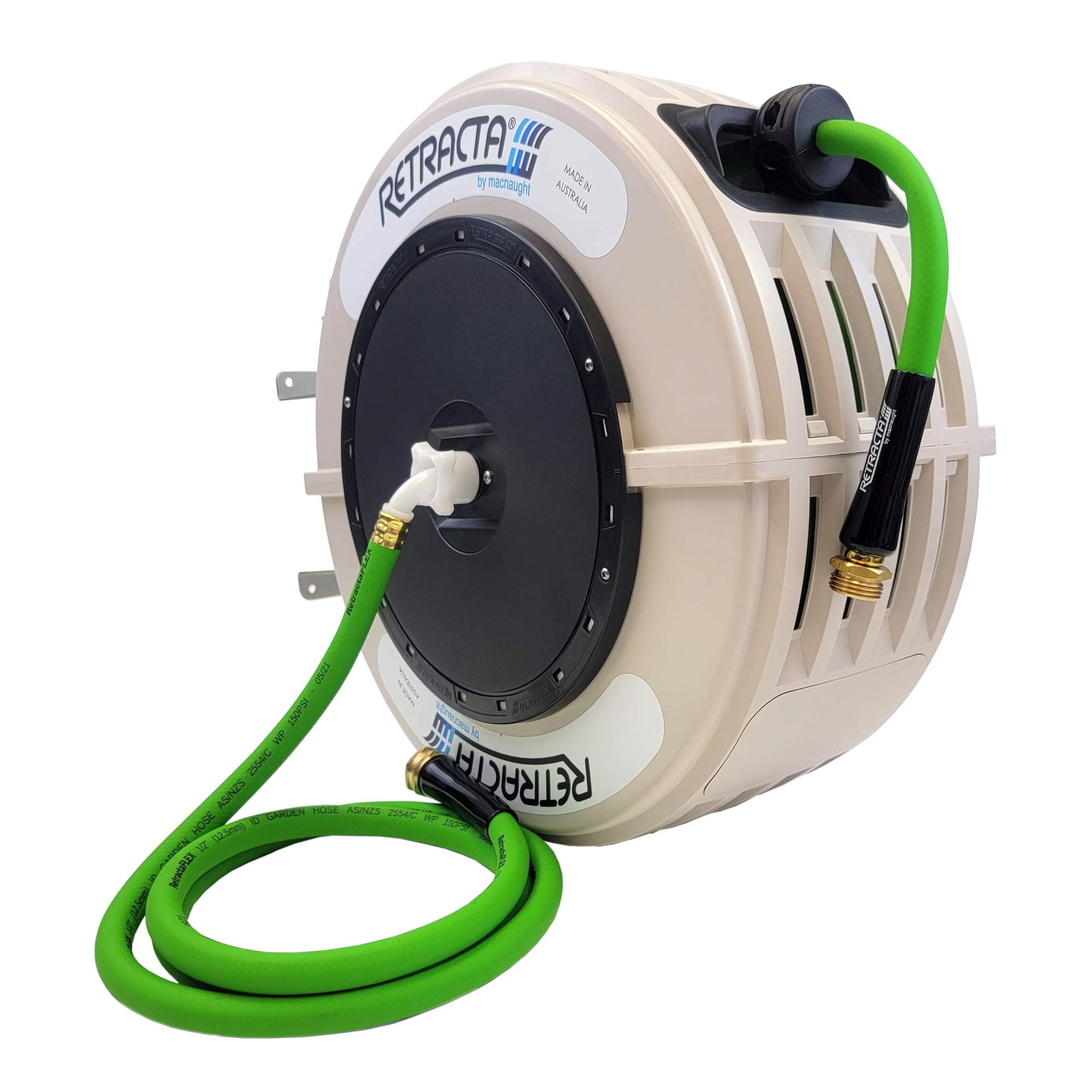 Macnaught front view of beige retractable hose reel showing neat storage benefit