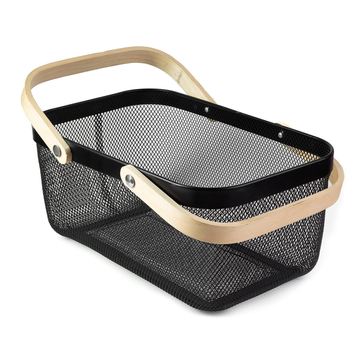 MACOIOR front view showing full black mesh basket and bamboo handle for easy carrying