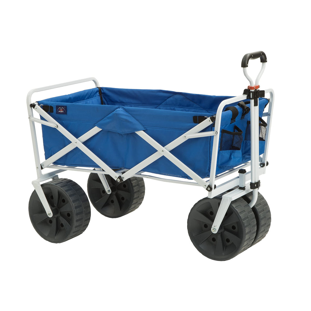 MacSports front view of blue/white wagon showing roomy interior and quick setup benefit