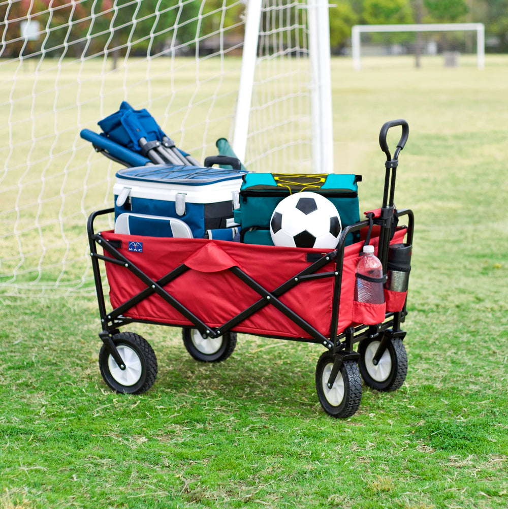 MacSports wagon loaded at a park demonstrating easy transport of coolers and gear