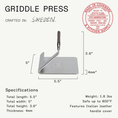 Made In grill press removable leather sleeve on handle for comfortable heat protection
