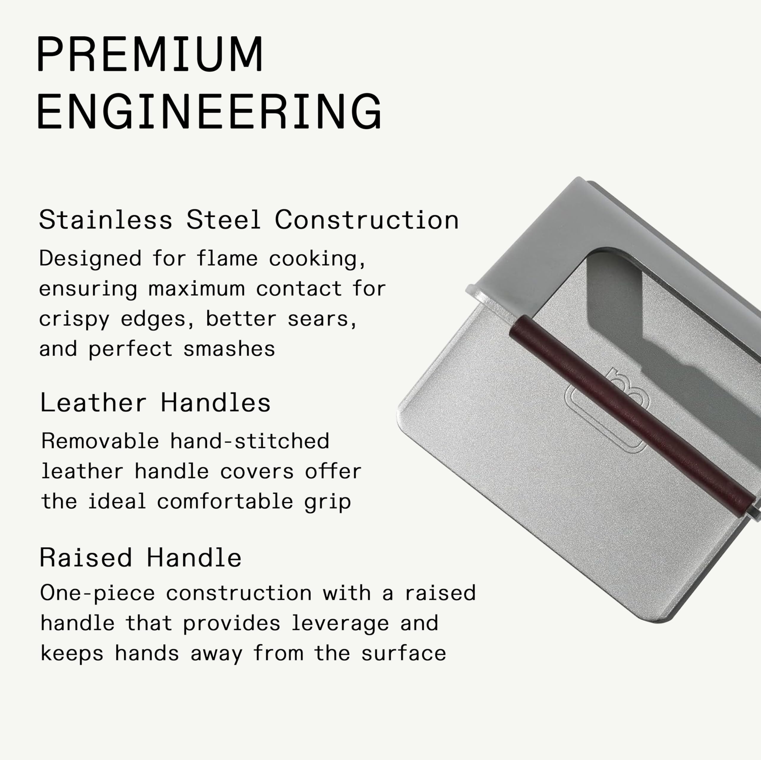 Made In grill press side profile demonstrating raised handle and safer leverage benefit