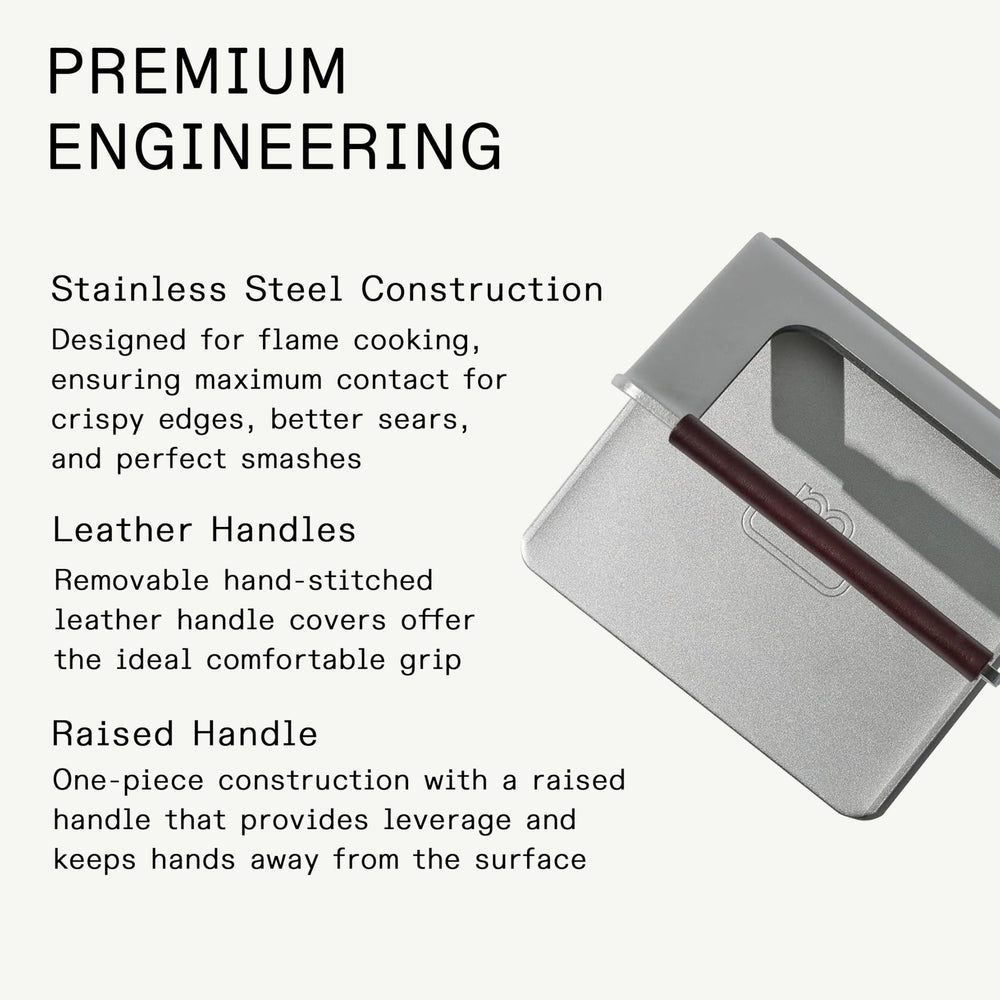 Made In grill press side profile demonstrating raised handle and safer leverage benefit