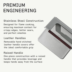 Made In grill press side profile demonstrating raised handle and safer leverage benefit