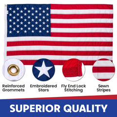Made in USA Flags close-up of embroidered stars offering precise, high-quality detail