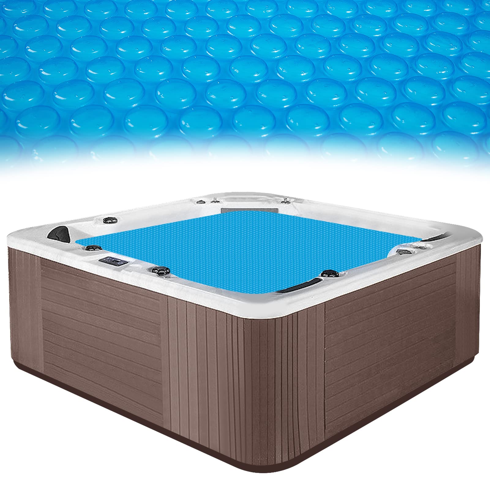 MADHOLLY front view of 7×7ft spa solar blanket showing packaging and size benefits
