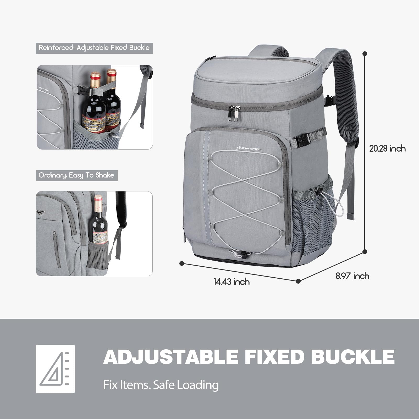 Maelstrom shoulder strap detail with stainless bottle opener for convenience