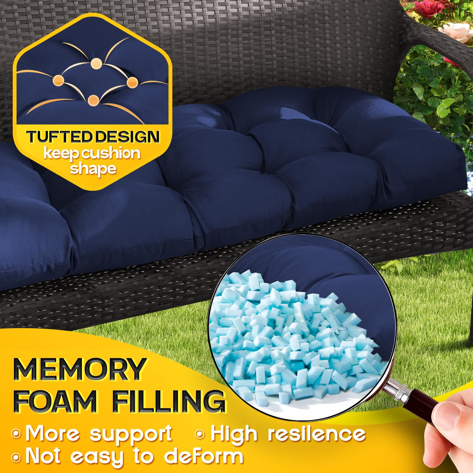 MAGIC ELEPHANT cushion placed on wicker loveseat demonstrating improved seating comfort