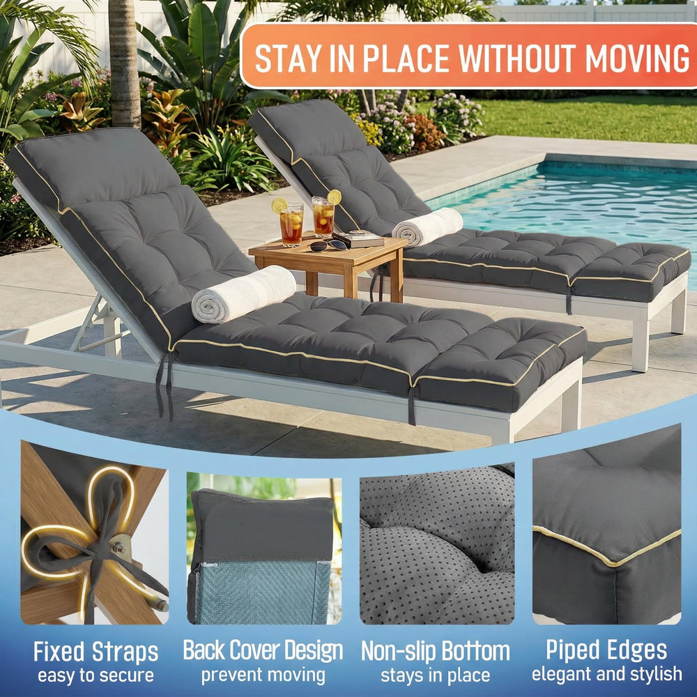 MAGIC ELEPHANT cushion tied to patio chaise showing secure fit and stability