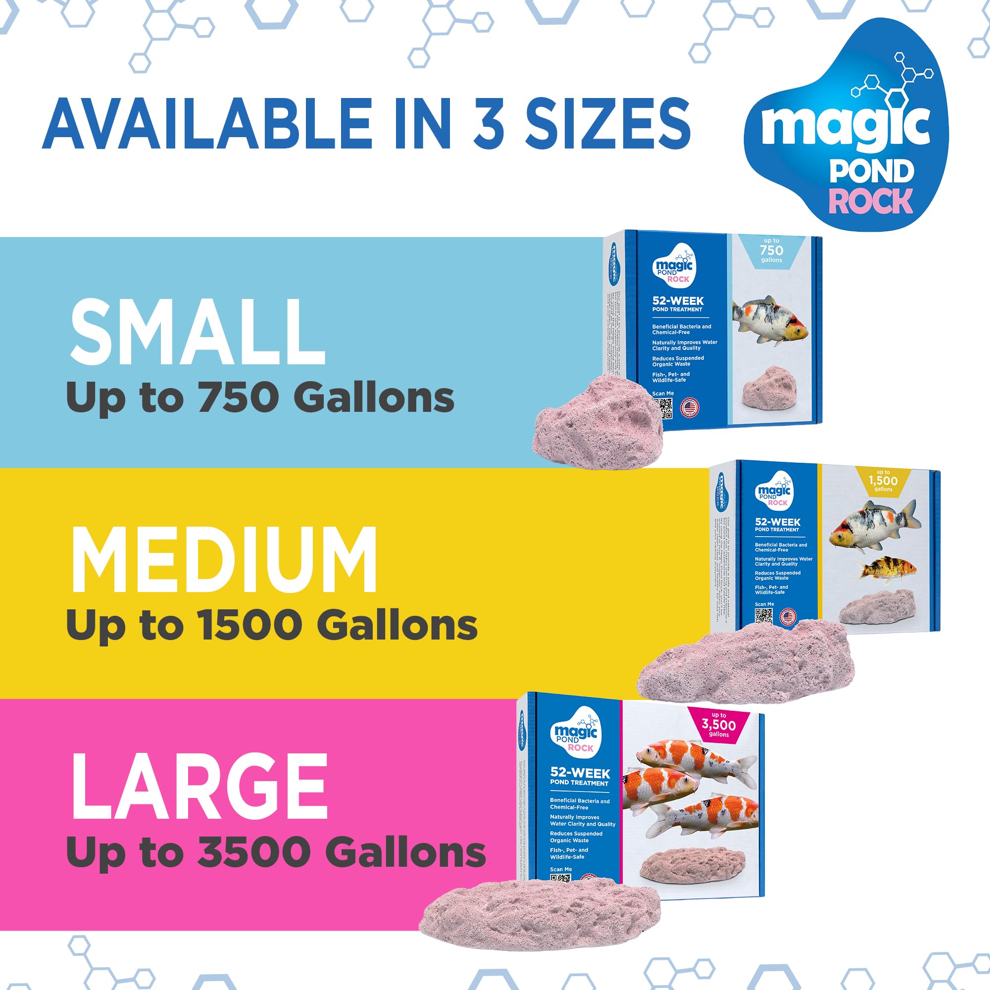 Magic Pond Rock label and specs displaying safe, natural composition benefit