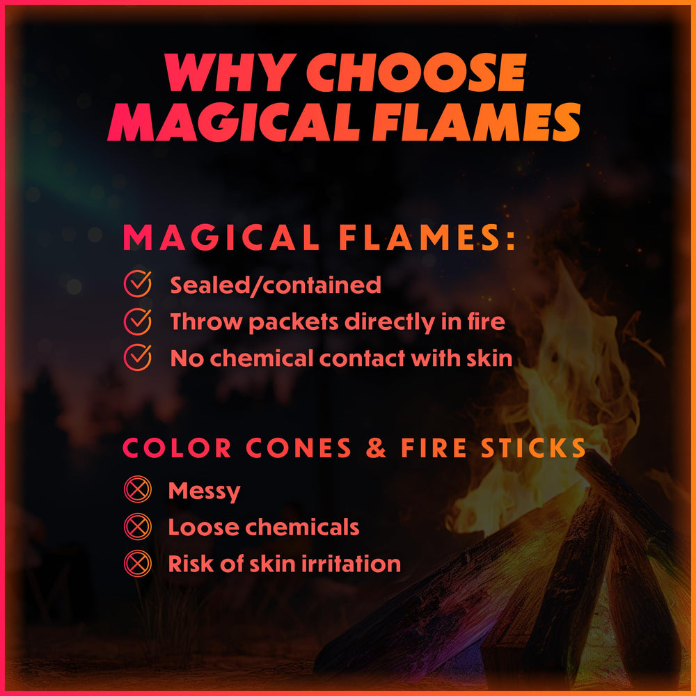 Magical Flames family watching colorful campfire creating memorable nights