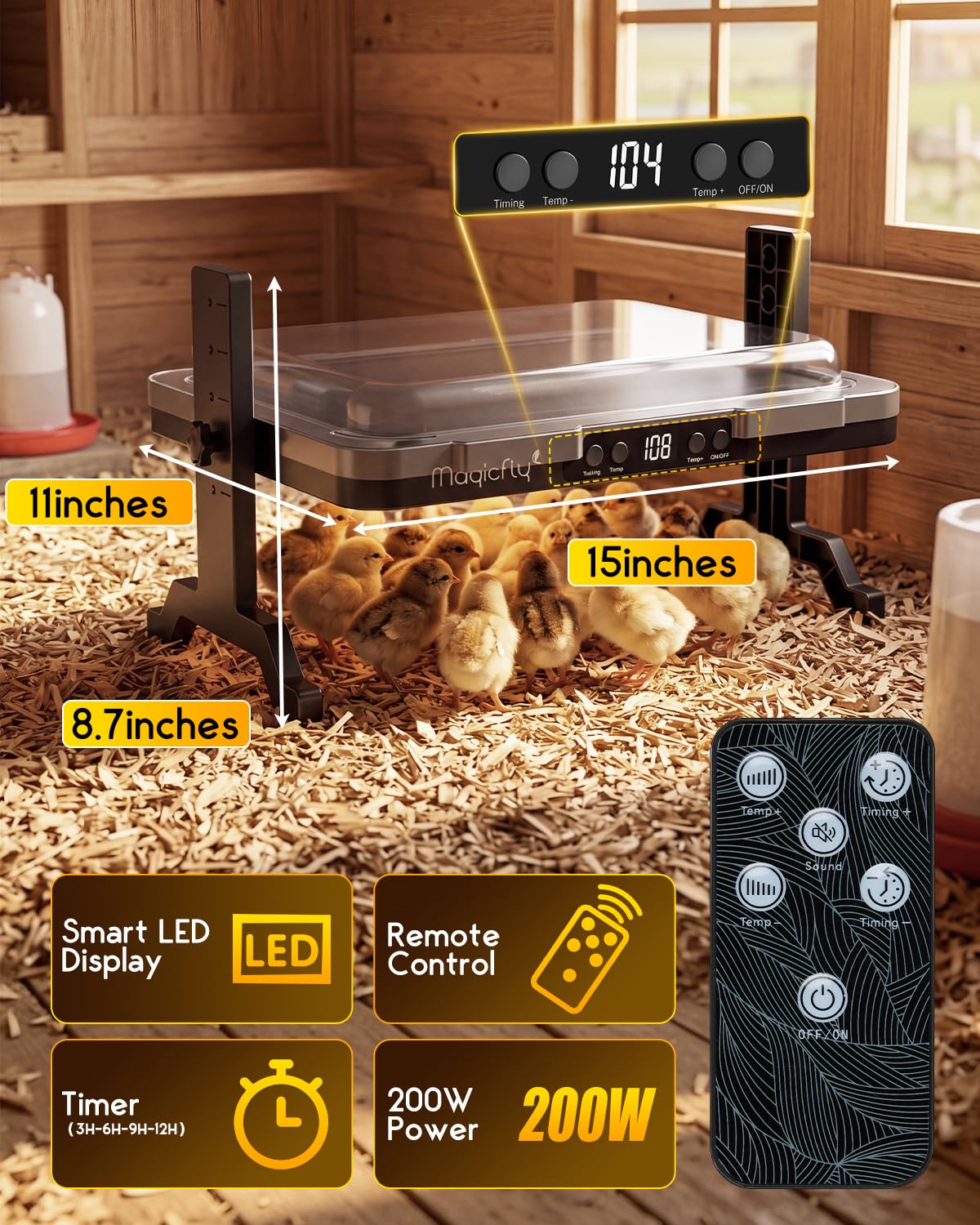 Magicfly brooder plate illustrating five adjustable height settings for growth
