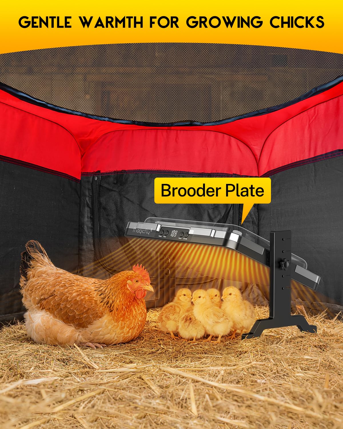 Magicfly brooder plate with wall mount and hanging sling for versatile setup