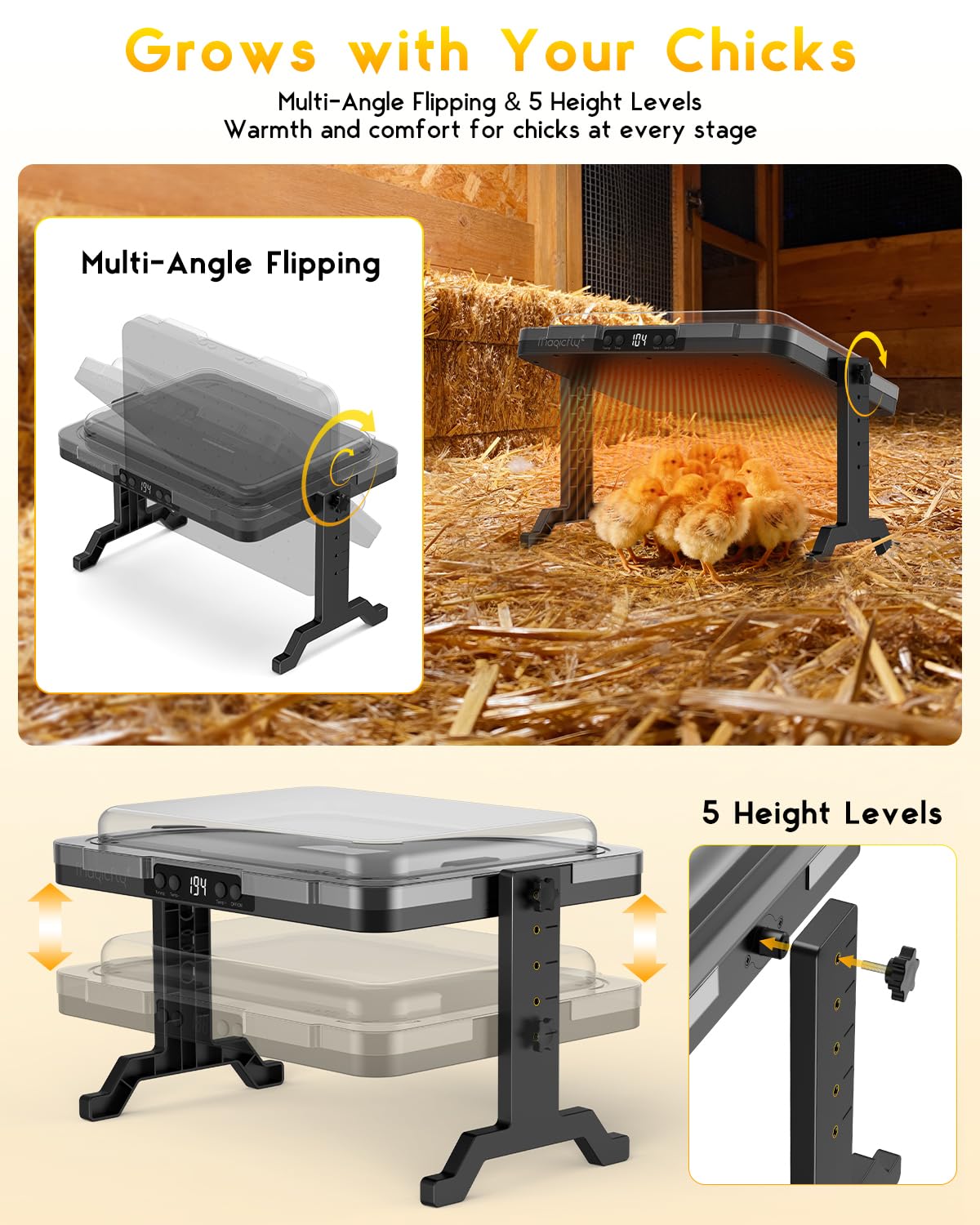 Magicfly brooder held by hand demonstrating compact size and scale