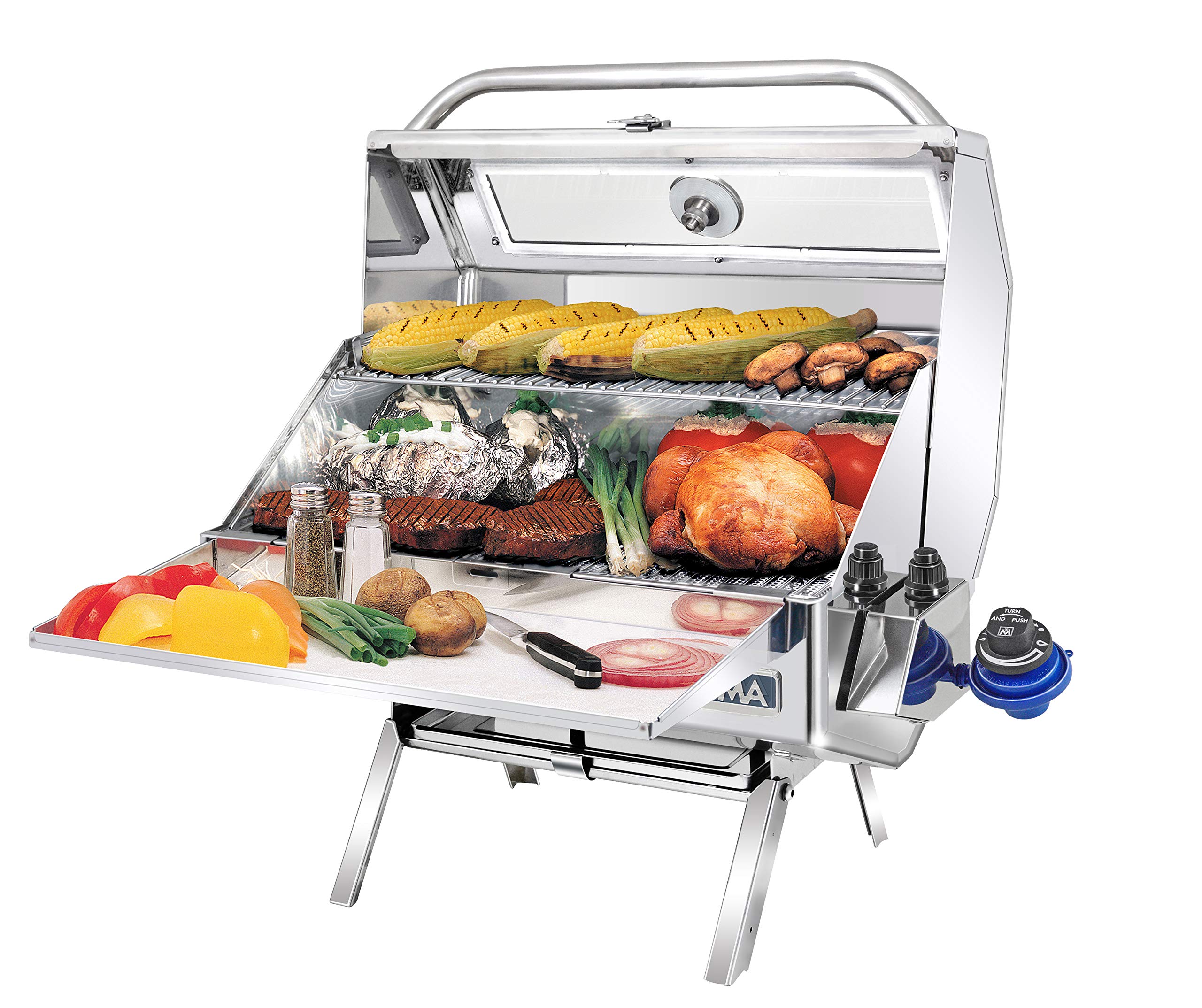 MAGMA Catalina fold-away legs in tabletop mode demonstrating compact portability advantage