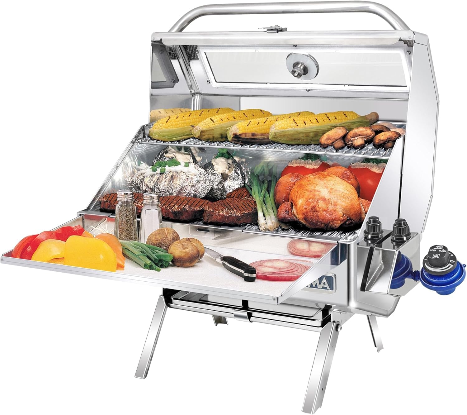 MAGMA Catalina front view showing stainless steel finish and grill surface, durable and sleek