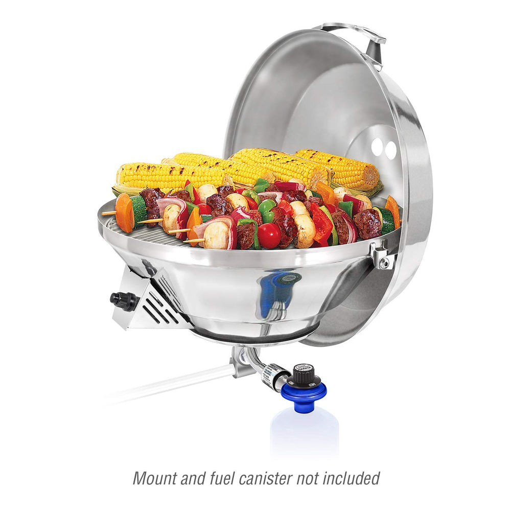 Magma Kettle3 close-up of stainless grill grate and radiant dome for even heat distribution benefit consistent cooking