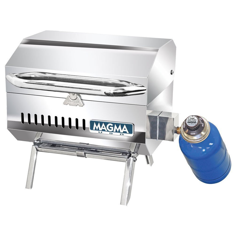 MAGMA TrailMate front view on boat rail showing compact size and secure mounting