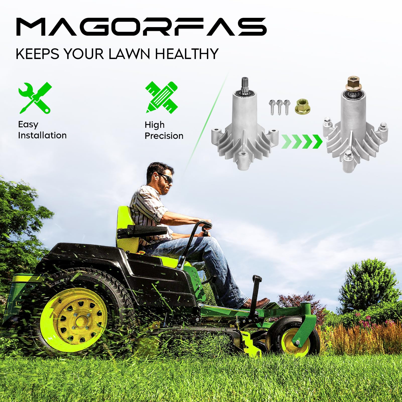 Magorfas lifestyle mower repair scene showing quick maintenance turnaround