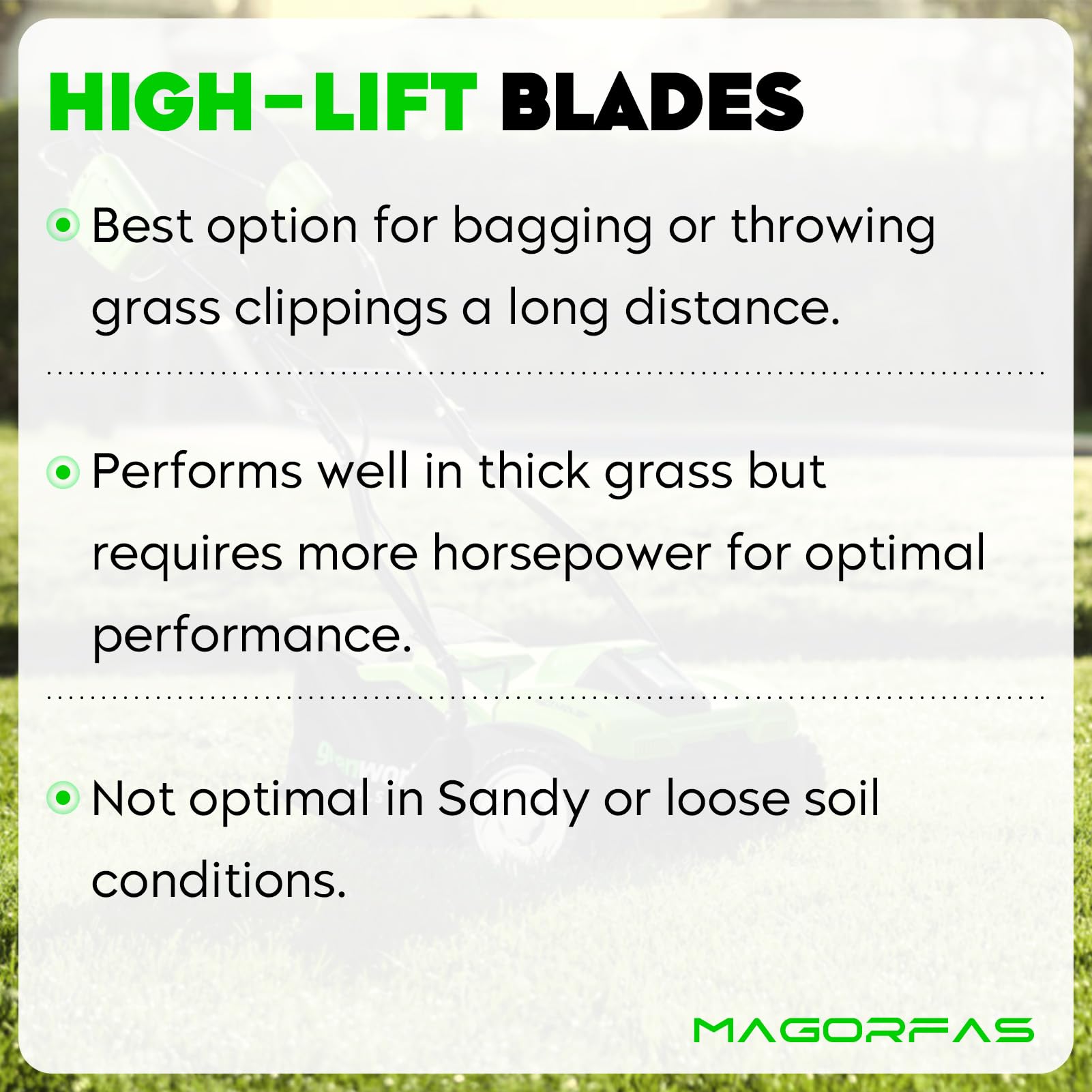 Magorfas blades staged in yard setting showing professional lawn care results and reliability