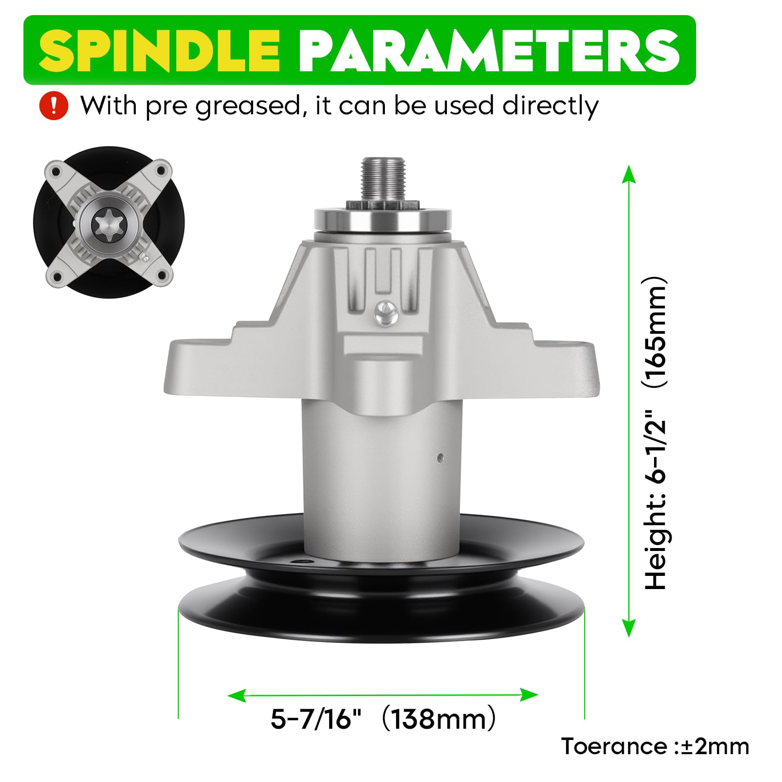 Magorfas spindle close-up showing bearing housing for reliable deck rotation