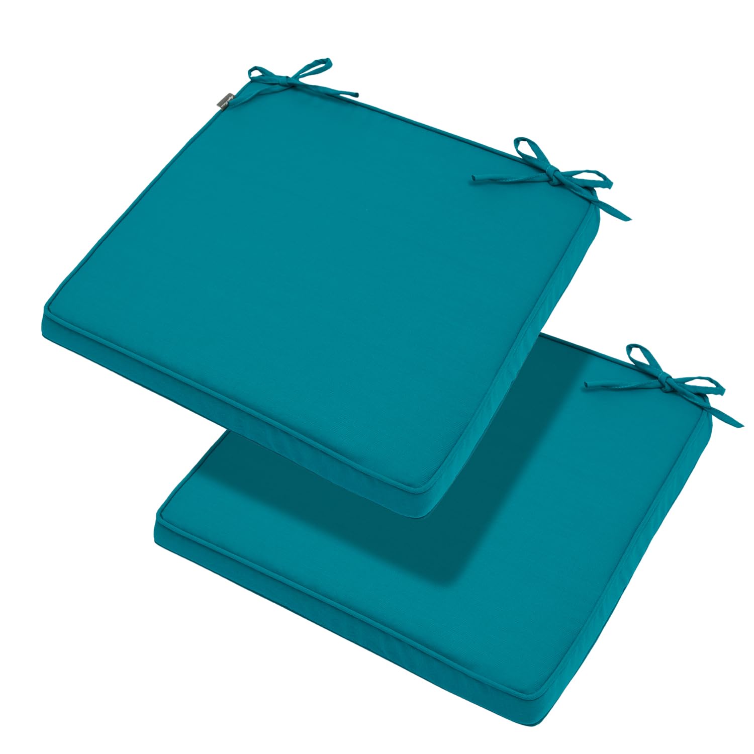 Magpie Fabrics front view of teal cushions shows vibrant color and comfortable support
