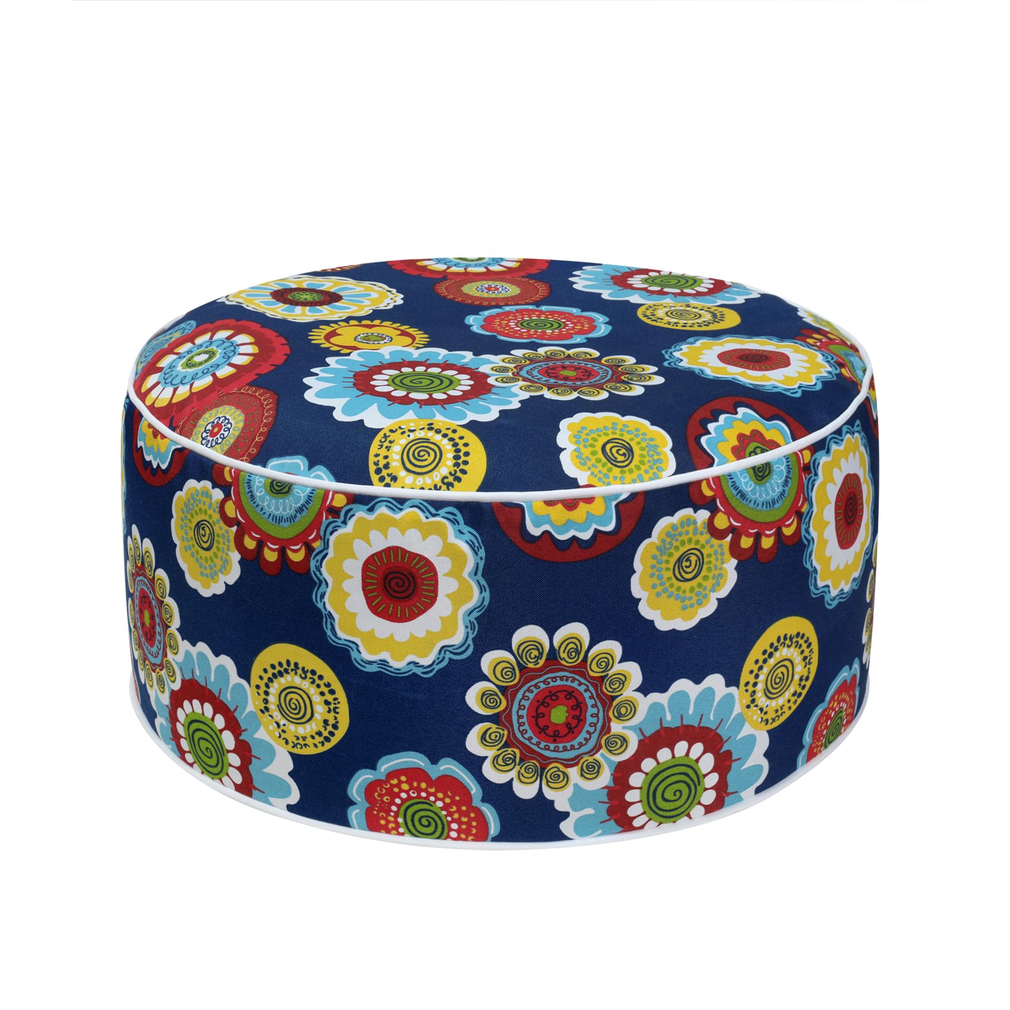 Magpie Fabrics front view of floral navy inflatable stool shows portable footrest benefit