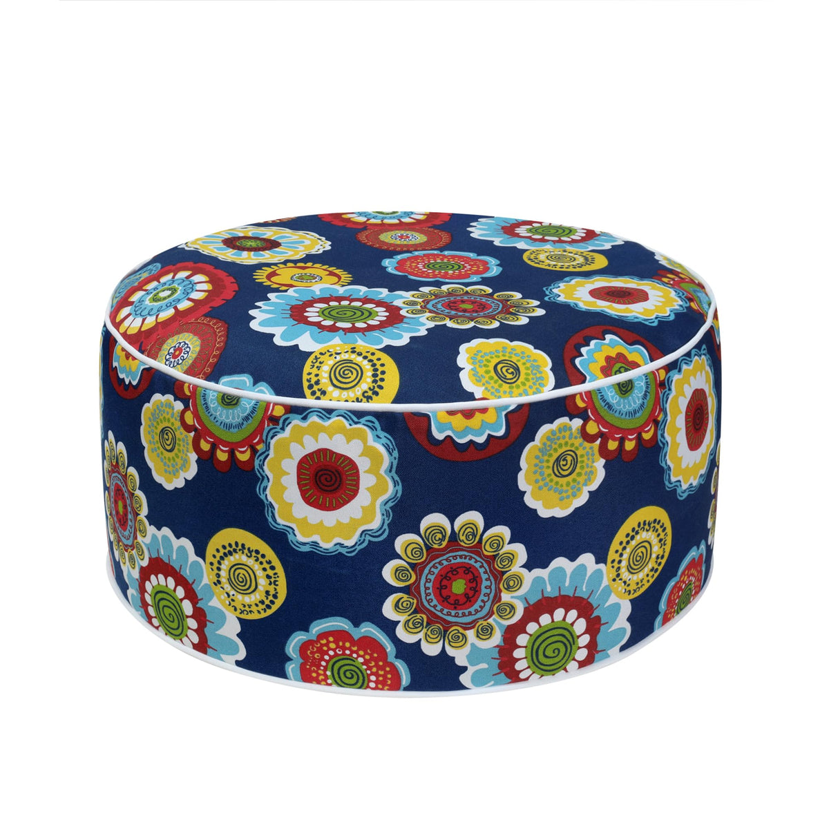 Magpie Fabrics front view of floral navy inflatable stool shows portable footrest benefit