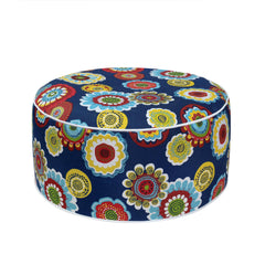 Magpie Fabrics front view of floral navy inflatable stool shows portable footrest benefit