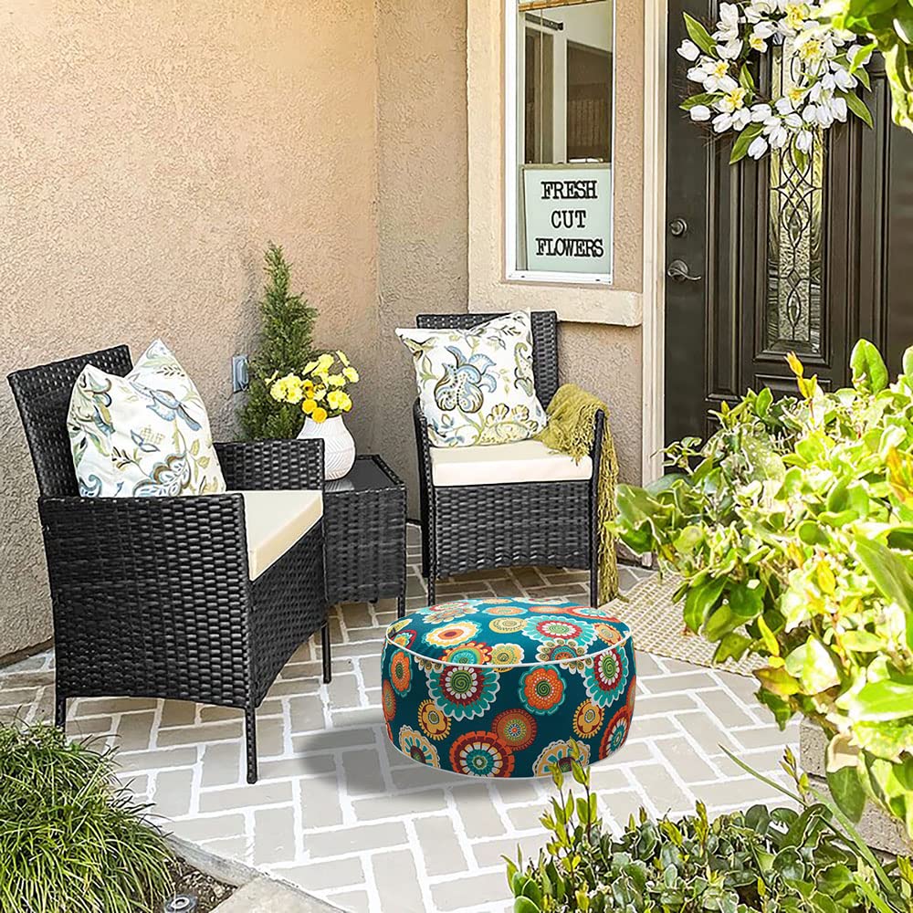Magpie Fabrics pouf in patio scene offering portable seating and decorative accent