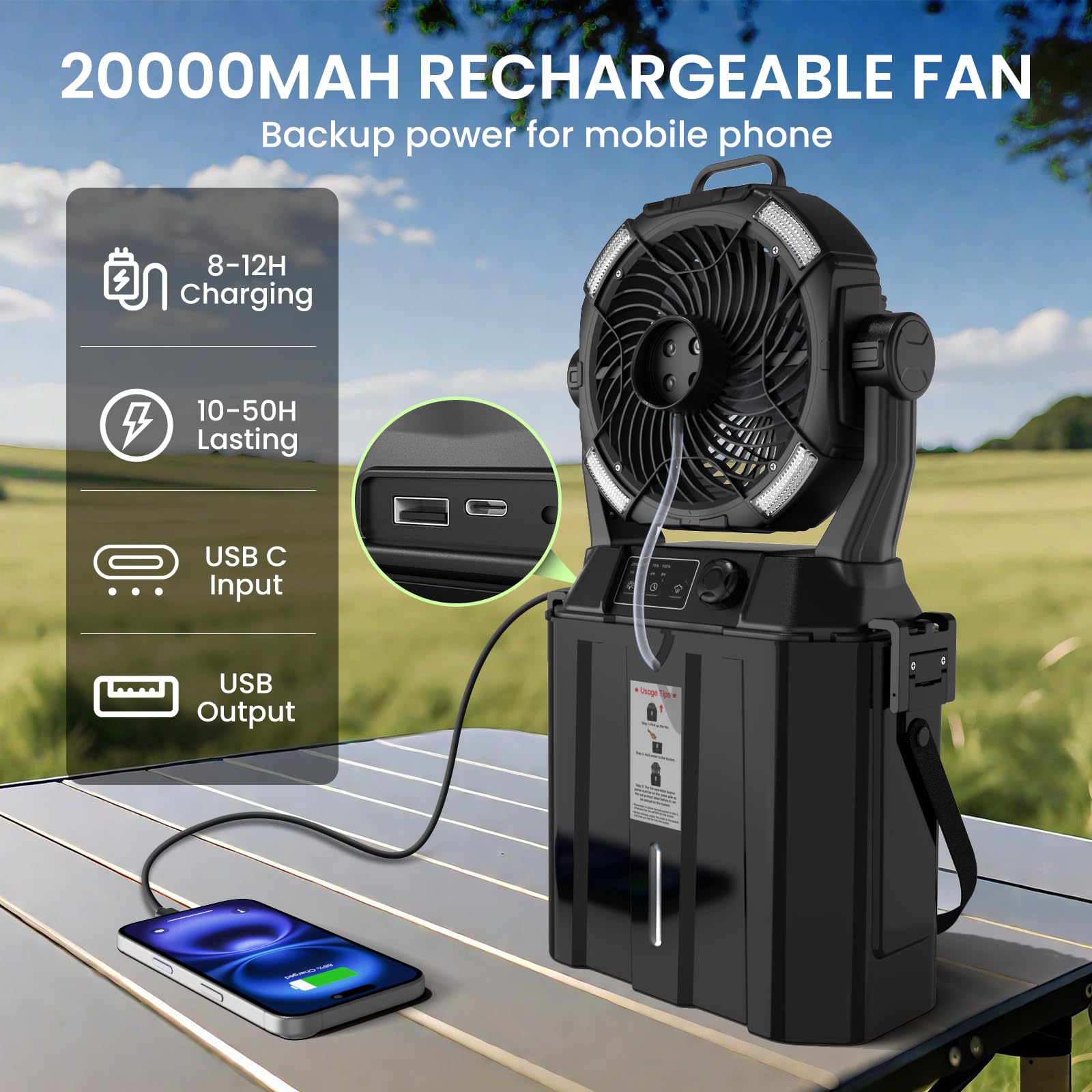 MAGTHIC hanging inside a tent illustrating hands-free cooling convenience