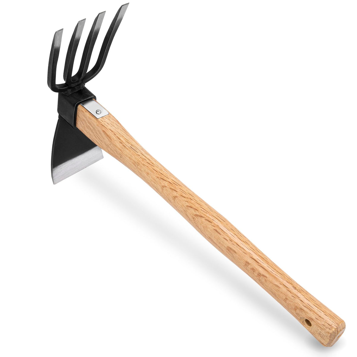 MAHOOMMAKH front view of 2-in-1 hoe showing blade and prongs for versatile gardening