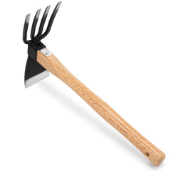 MAHOOMMAKH front view of 2-in-1 hoe showing blade and prongs for versatile gardening