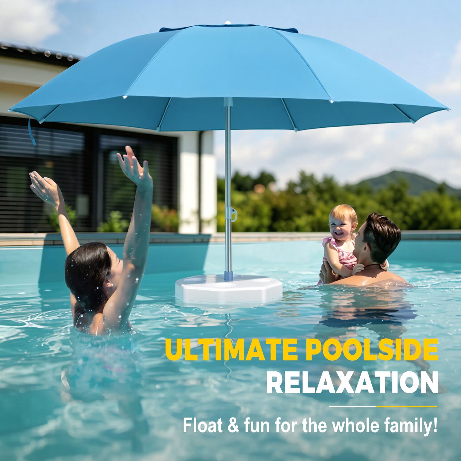MaiMaiMonster umbrella in pool with family enjoying shaded area