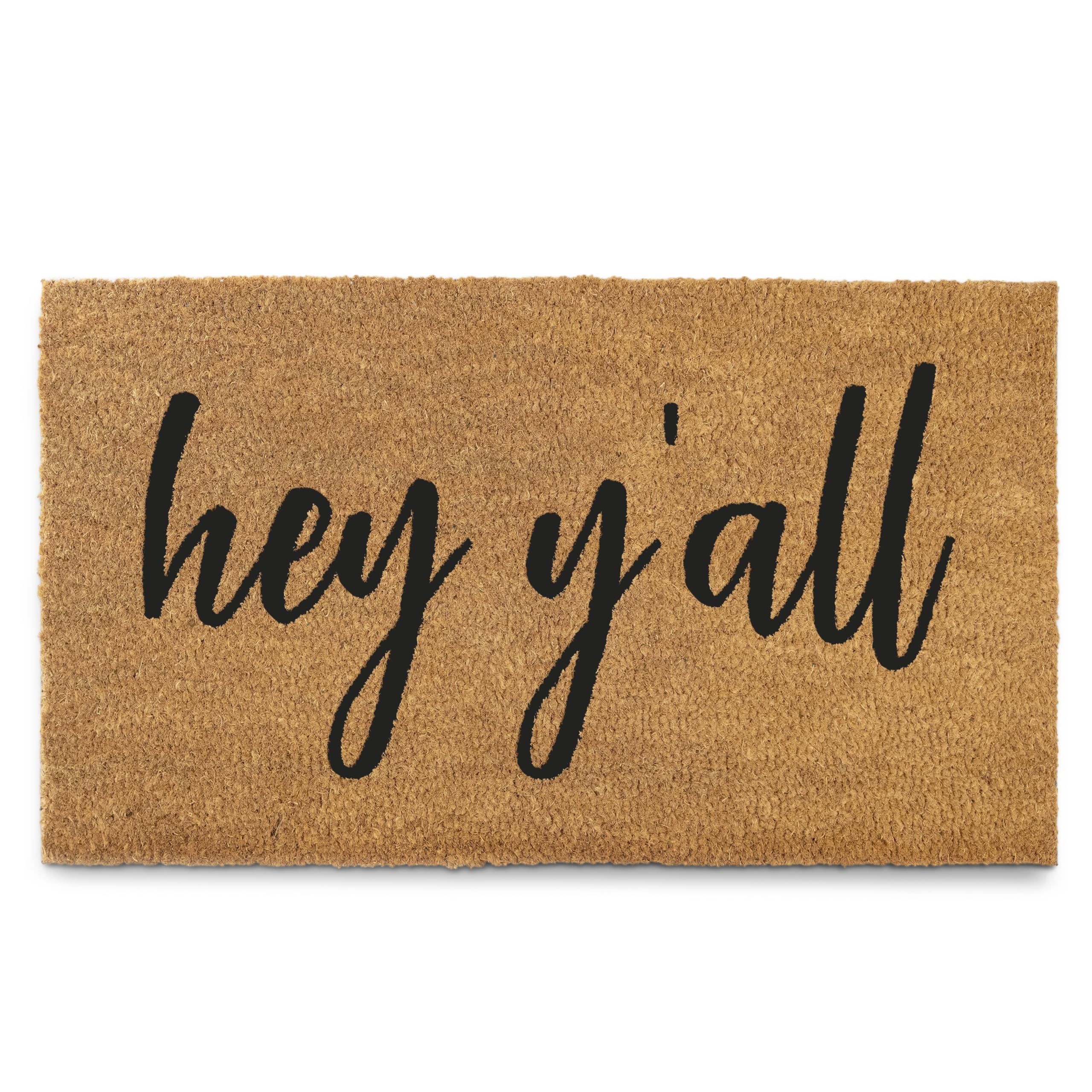 MAINEVENT front view of 30x17 coir welcome mat showing greeting and design benefit