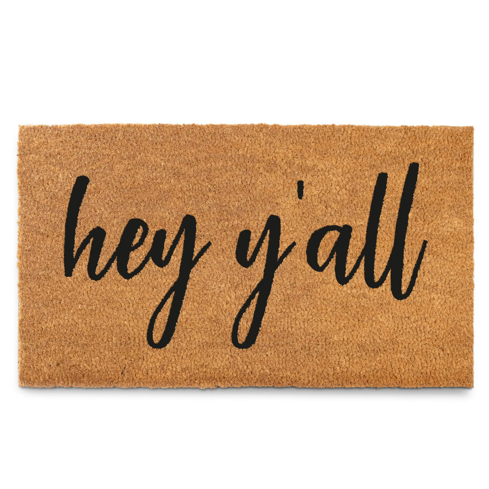 MAINEVENT front view of 30x17 coir welcome mat showing greeting and design benefit