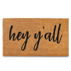 MAINEVENT front view of 30x17 coir welcome mat showing greeting and design benefit