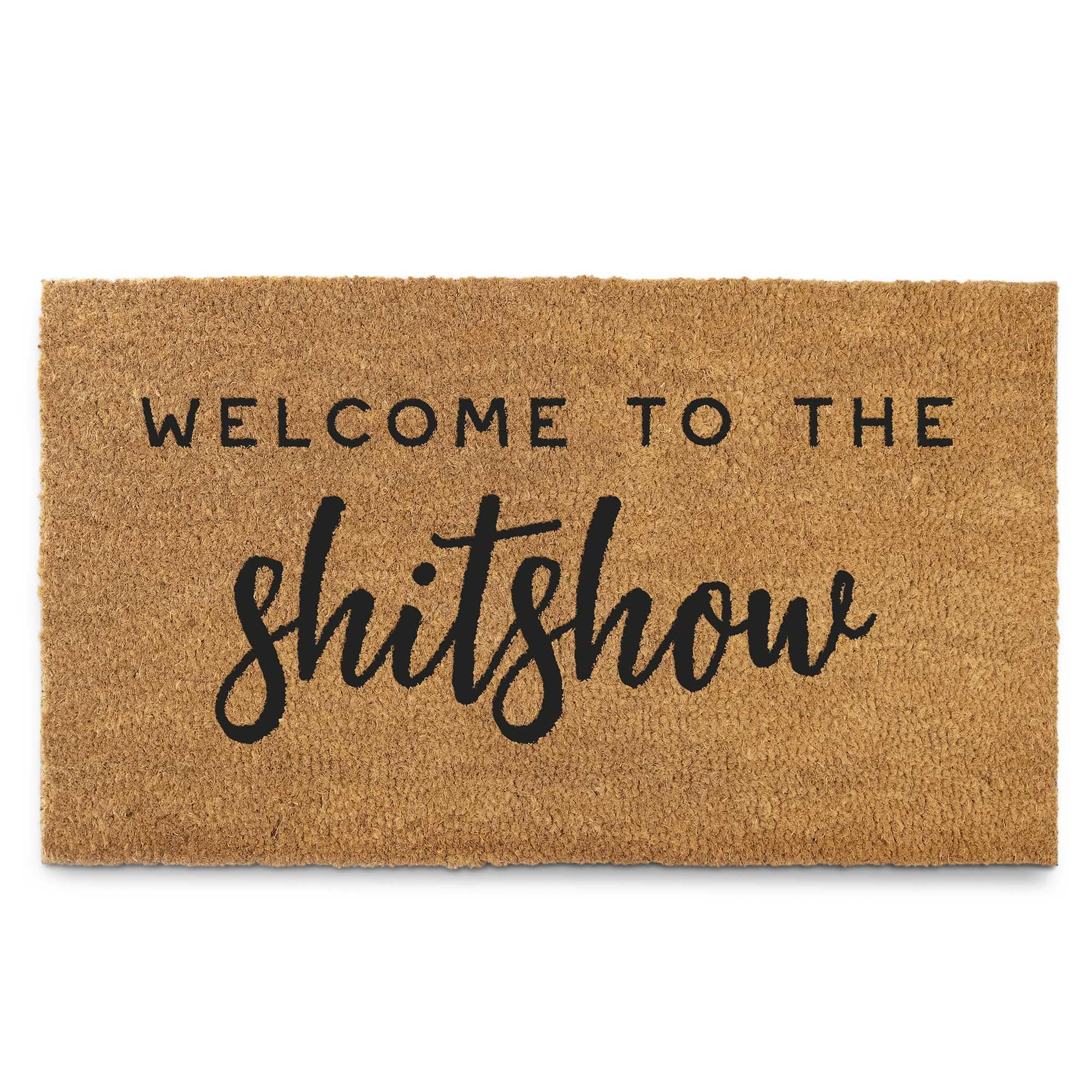 MAINEVENT front view of welcome mat showing bold lettering and farmhouse look for personality