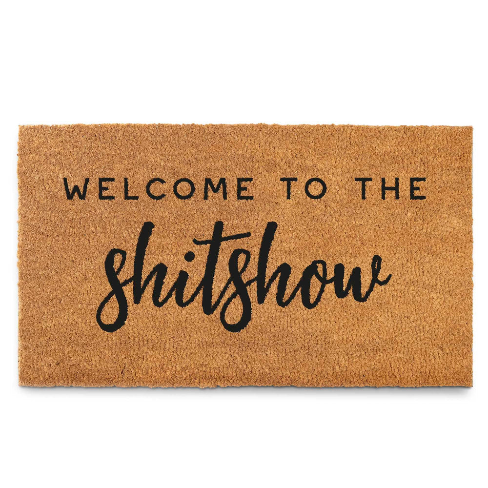 MAINEVENT front view of welcome mat showing bold lettering and farmhouse look for personality