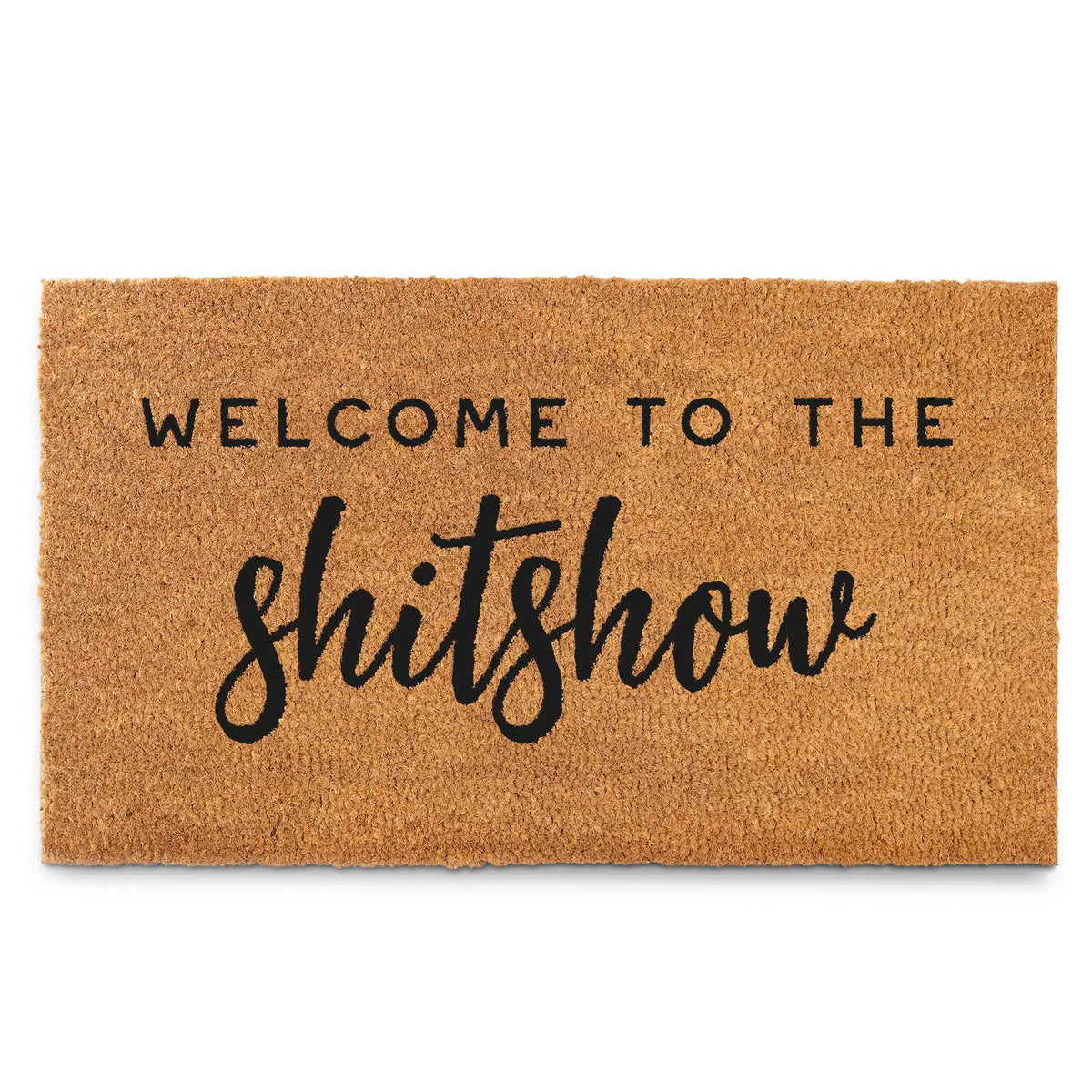 MAINEVENT front view of welcome mat showing bold lettering and farmhouse look for personality