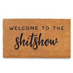MAINEVENT front view of welcome mat showing bold lettering and farmhouse look for personality