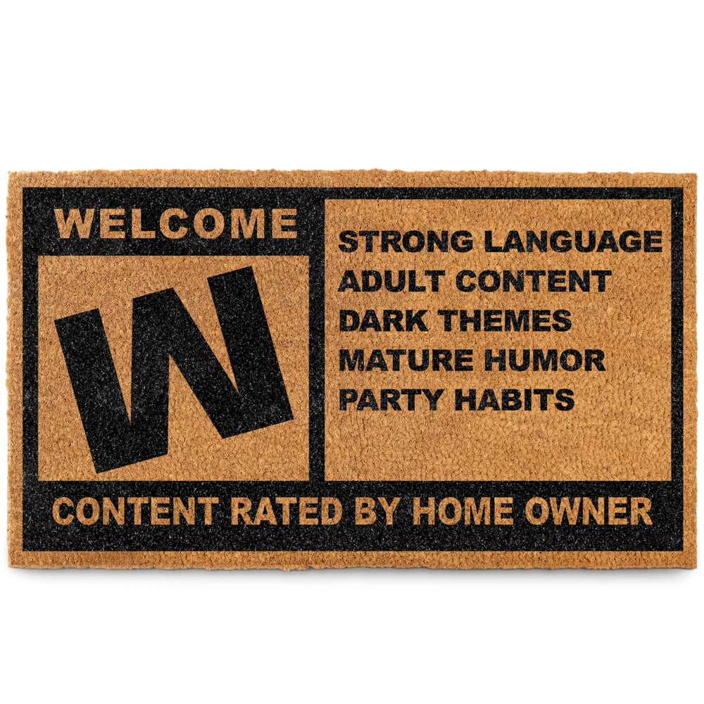 MAINEVENT front view of rated M gamer door mat showing bold welcome graphic and size