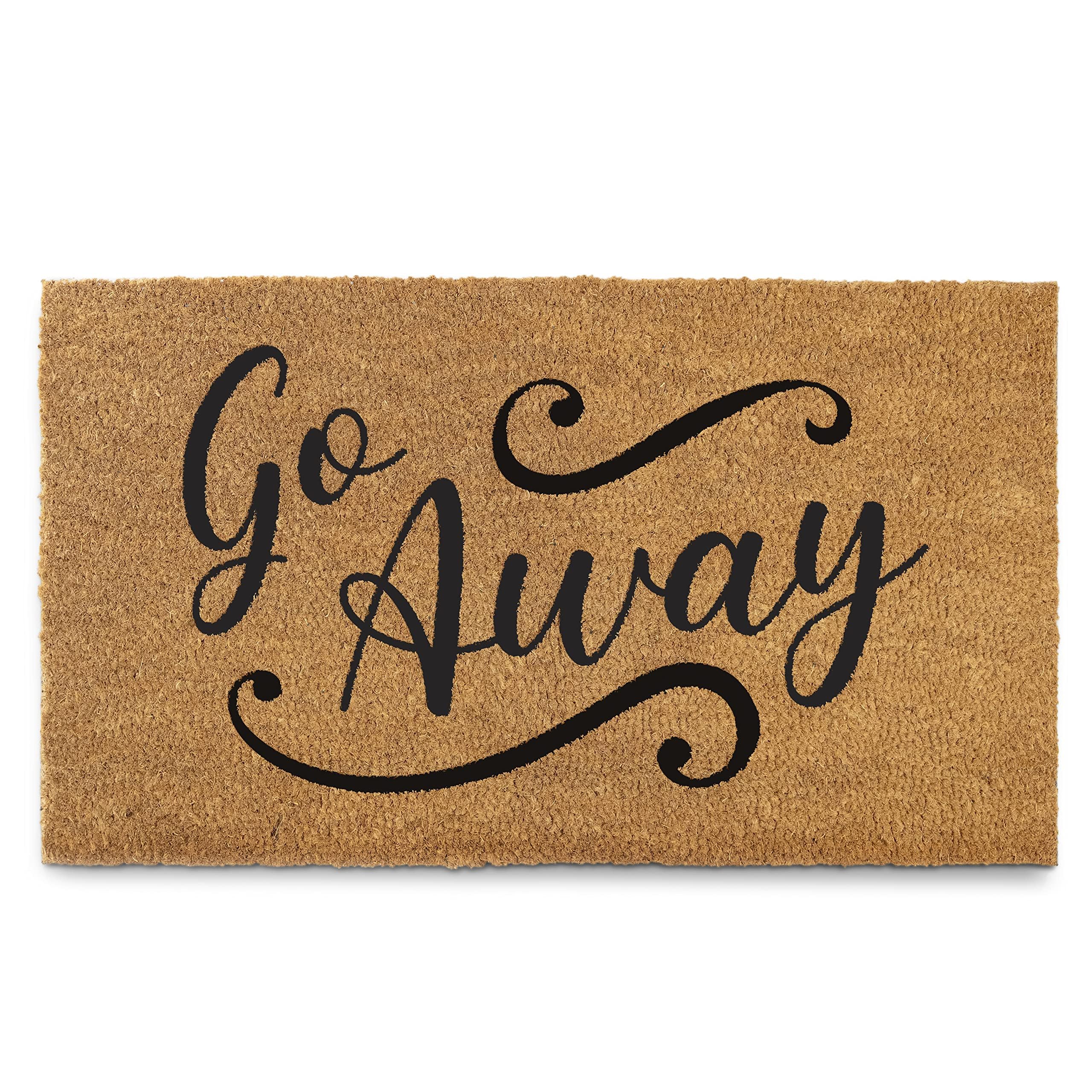 MAINEVENT front view of go away doormat showing printed message and fit