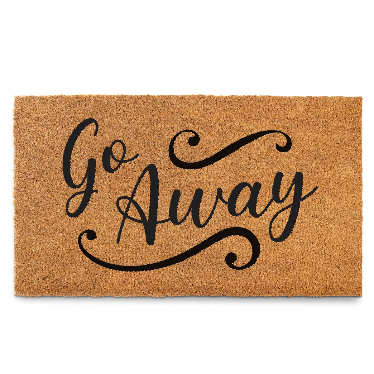 MAINEVENT front view of go away doormat showing printed message and fit