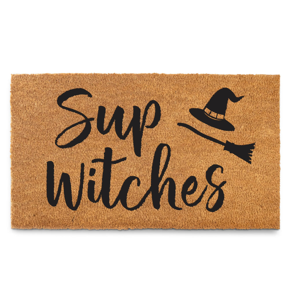 MAINEVENT front view of witch doormat showing festive design and welcome benefit